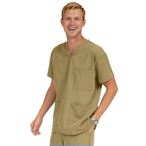 Medline Madison ave Unisex Stretch Fabric Scrub Top with 3 Pockets - Madison ave Unisex Scrub Top with 3 Pockets, Size XS, Khaki - 5515KHKXS