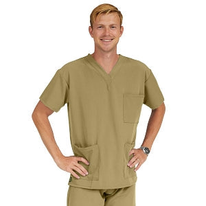 Medline Madison ave Unisex Stretch Fabric Scrub Top with 3 Pockets - Madison ave Unisex Scrub Top with 3 Pockets, Size XS, Khaki - 5515KHKXS