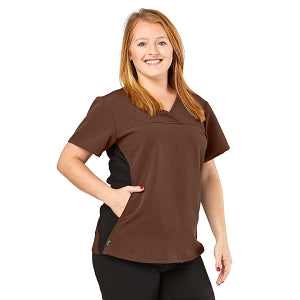Medline California ave Women's Yoga-Style Stretch Scrub Top with Pockets - California Ave Scrub Top, Yoga with Pockets, Chocolate, Size L - 5565CHCL