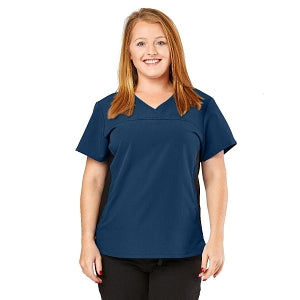 Medline California ave Women's Yoga-Style Stretch Scrub Top with Pockets - California Ave Scrub Top, Yoga with Pockets, Navy, Size L - 5565NVYL