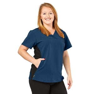 Medline California ave Women's Yoga-Style Stretch Scrub Top with Pockets - California Ave Scrub Top, Yoga with Pockets, Navy, Size XS - 5565NVYXS