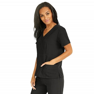 Medline Park Ave Women's Stretch Fabric Mock Wrap Scrub Top with Pockets - Park ave Women's Mock Wrap Scrub Top with 2 Pockets, Size 2XL, Black - 5587BLKXXL