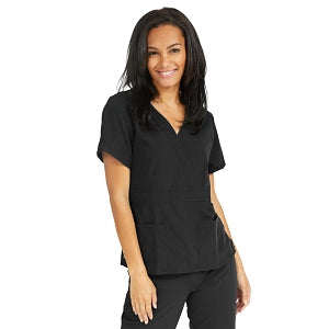 Medline Park Ave Women's Stretch Fabric Mock Wrap Scrub Top with Pockets - Park ave Women's Mock Wrap Scrub Top with 2 Pockets, Size 2XL, Black - 5587BLKXXL