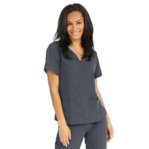 Medline Park Ave Women's Stretch Fabric Mock Wrap Scrub Top with Pockets - Park ave Women's Mock Wrap Scrub Top with 2 Pockets, Size S, Charcoal - 5587CHRS