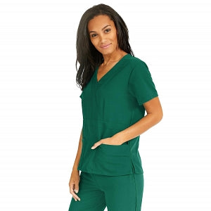 Medline Park Ave Women's Stretch Fabric Mock Wrap Scrub Top with Pockets - Park ave Women's Mock Wrap Scrub Top with 2 Pockets, Size XXS, Hunter Green - 5587HTRXXS