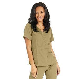 Medline Park Ave Women's Stretch Fabric Mock Wrap Scrub Top with Pockets - Park ave Women's Mock Wrap Scrub Top with 2 Pockets, Size 2XL, Khaki - 5587KHKXXL