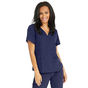 Medline Park Ave Women's Stretch Fabric Mock Wrap Scrub Top with Pockets - Park ave Women's Mock Wrap Scrub Top with 2 Pockets, Size L, Navy - 5587NVYL