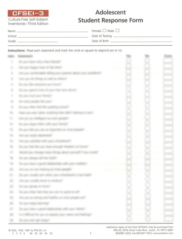 CFSEI-3 Adolescent Student Response Forms (pad of 50)