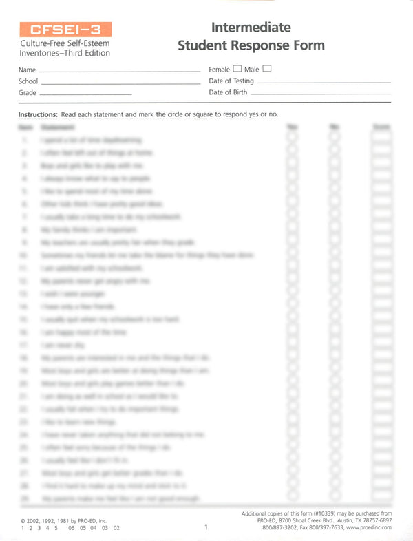 CFSEI-3 Intermediate Student Response Forms (pad of 50)