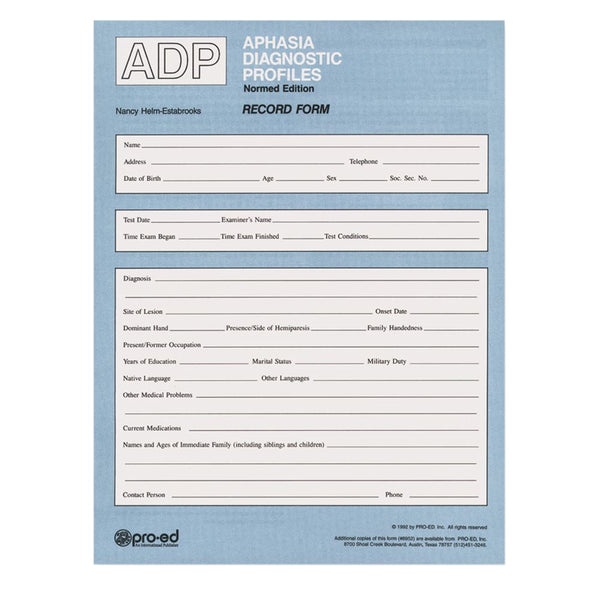 Alimed Aphasia Diagnostic Profiles (ADP) Additional ADP Record Forms, 25/pk - 80146