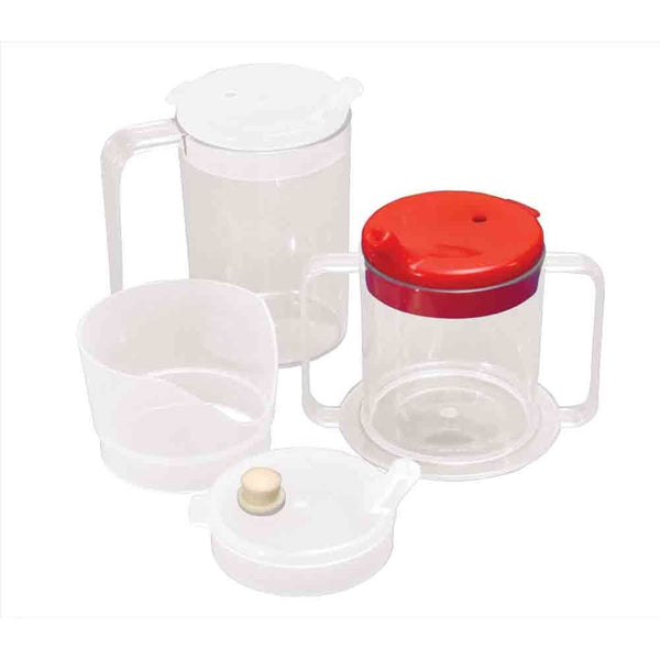 Alimed Adaptive Mugs, 10 oz. 2 Handle Clear Mug with 2 Red Lids - 83157