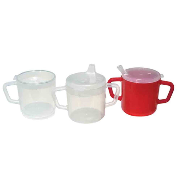 Alimed Adaptive Mugs, 8 oz. 2 Handle Mug, Clear with 2 Lids, cs/10 - 857310