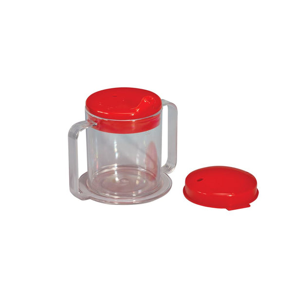 Alimed Adaptive Mugs, 10 oz. 2 Handle Clear Mug with 2 Red Lids, 10/pk - 8315710