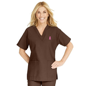 Medline ComfortEase Women's V-Neck Tunic Scrub Top with 2 Pockets - ComfortEase Women's V-Neck Short-Sleeve 2-Pocket Tunic Scrub Top, Size 3XL, Black with Pink Ribbon - 8800DKWXXXLPR