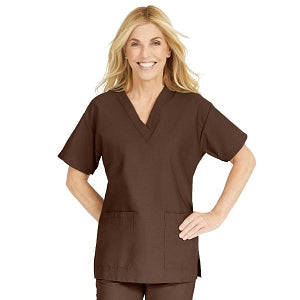 Medline ComfortEase Women's V-Neck Tunic Scrub Top with 2 Pockets - ComfortEase Women's V-Neck Short-Sleeve 2-Pocket Tunic Scrub Top, Size L, Brown - 8800JBRL