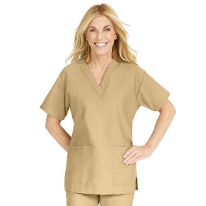 Medline ComfortEase Women's V-Neck Tunic Scrub Top with 2 Pockets - ComfortEase Women's V-Neck Short-Sleeve 2-Pocket Tunic Scrub Top, Size L, Khaki - 8800JKKL