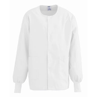 ComfortEase Unisex Crew-Neck Warm Scrub Jacket with Knit Cuff, White, Size 2XS