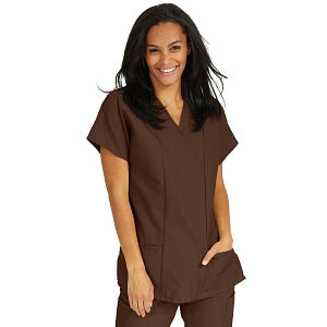 Medline ComfortEase Women's Crossover Tunic Scrub Top with Two Pockets - ComfortEase Women's Short-Sleeve Crossover Tunic Scrub Top with 2 Pockets, Size 2XL, Brown - 8851JBRXXL