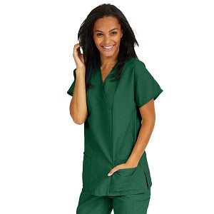 Medline ComfortEase Women's Crossover Tunic Scrub Top with Two Pockets - ComfortEase Women's Short-Sleeve Crossover Tunic Scrub Top with 2 Pockets, Size XS, Evergreen - 8851JEGXS