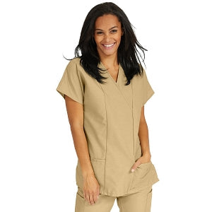 Medline ComfortEase Women's Crossover Tunic Scrub Top with Two Pockets - ComfortEase Women's Short-Sleeve Crossover Tunic Scrub Top with 2 Pockets, Size XS, Khaki - 8851JKKXS