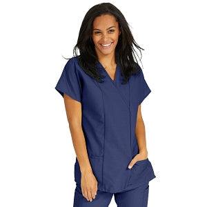 Medline ComfortEase Women's Crossover Tunic Scrub Top with Two Pockets - ComfortEase Women's Short-Sleeve Crossover Tunic Scrub Top with 2 Pockets, Size L, Midnight Blue - 8851JNTL