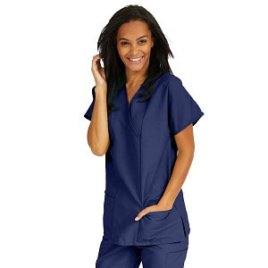 Medline ComfortEase Women's Crossover Tunic Scrub Top with Two Pockets - ComfortEase Women's Short-Sleeve Crossover Tunic Scrub Top with 2 Pockets, Size S, Midnight Blue - 8851JNTS