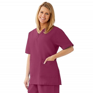 Medline AngelStat Women's V-Neck Tunic Scrub Top with 2 Pockets - AngelStat Women's V-Neck Short-Sleeve Tunic Scrub Top with 2 Pockets, Size M, Raspberry - 893NTRM