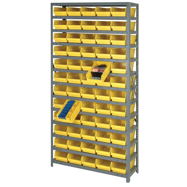 Quantum Complete Economical Bin and Shelving Packages Bin and Shelving Package, 48 Bins, 13 Shelves, 18"D x 75"H, Yellow - 926952/YELLOW/NA