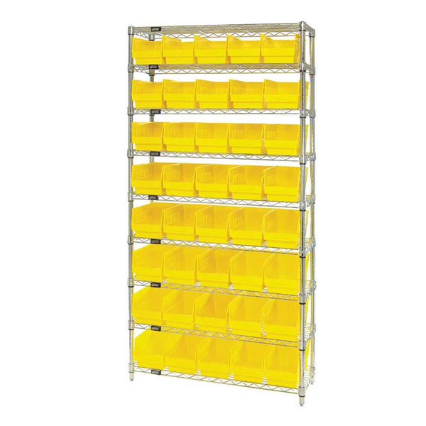 Quantum Wire Shelf Bin Systems Shelf Bin System, 36"W x 74"H x 12"D, 9 Shelves, 64 Yellow Bins - 937320/YL/NA