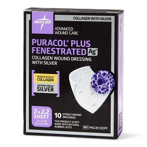Medline Puracol Plus AG+ Collagen Wound Dressings with Silver - Puracol Plus AG+ Collagen Wound Dressings with Silver, Fenestrated, 2" x 2" - MSC8722EPF