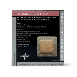 Medline Optifoam Gentle AG+ Wound Dressing with Silicone Adhesive Border - Optifoam Gentle AG+ Wound Dressing with Silicone Adhesive Border, 6" x 6", in Educational Packaging - MSC9766EP