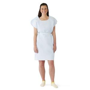 Medline Disposable Patient Gowns - Tissue / Poly / Tissue Deluxe Disposable Patient Gowns with Opening and Belt, 30" x 42", Blue - NON24356