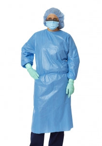 Medline Medium-Weight Coated Polypropylene Isolation Gowns - Poly Coated Isolation Gown with Closed Back and Elastic Cuffs, Blue, Size XL - NON27114XL