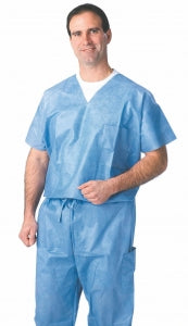 Medline Disposable Scrub Tops - Disposable Unisex Scrub Shirt with V-Neck, Size L, Blue - NON27202L