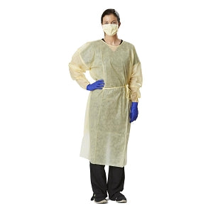 Medline QuickComply AAMI Level 1 Isolation Gowns - Medium-Weight Overhead AAMI Level 1 Isolation Gown with Side Ties, Yellow, Size XL - NONLV140XL
