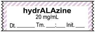 Medical Use Labels - Anesthesia Tape, Hydralazine 20 mg/mL, Date Time Initial, 1-1/2" x 1/2"