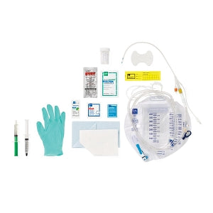 Medline Temperature-Sensing 100% Silicone 1-Layer Foley Catheter Tray - Total One-Layer Tray with 400 mL Urine Meter with 2, 500 mL Drain Bag, 100% Temperature-Sensing Silicone Foley Catheter, 16 Fr, 10 mL, Peri Wipe, Vented Tubing - URO180816T